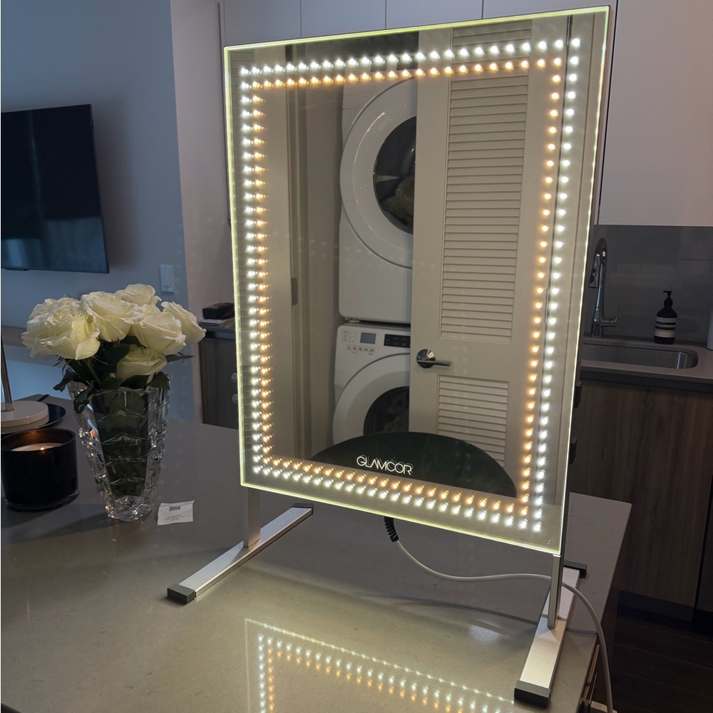 Silver LED Lighted Vanity Mirror with Dual-Tone Illumination